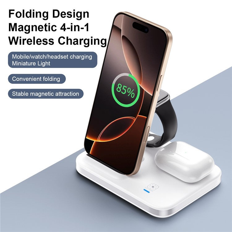 E16 Multifunction Foldable Wireless Charger Dock with Night Light for Mobile Phone / AirPods / Apple Watch - White