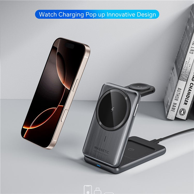 W93 Aluminum Alloy Magnetic Foldable 3 in 1 Wireless Charger Stand for iPhone  /  Apple Watch  /  AirPods