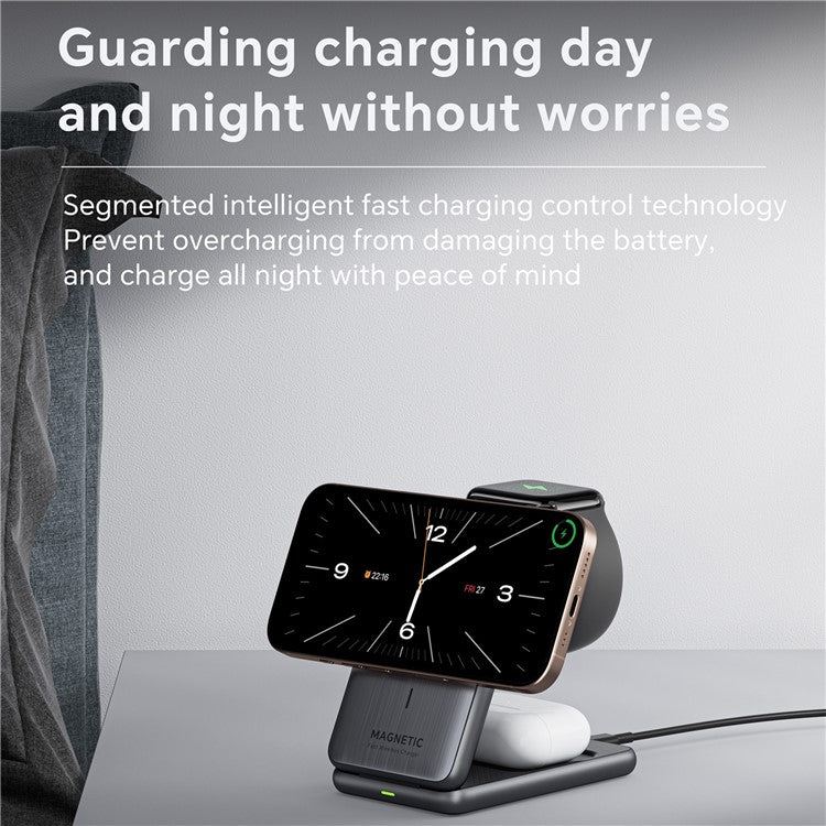 W93 Aluminum Alloy Magnetic Foldable 3 in 1 Wireless Charger Stand for iPhone  /  Apple Watch  /  AirPods