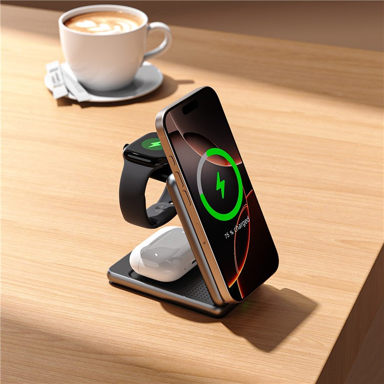 W93 Aluminum Alloy Magnetic Foldable 3 in 1 Wireless Charger Stand for iPhone  /  Apple Watch  /  AirPods