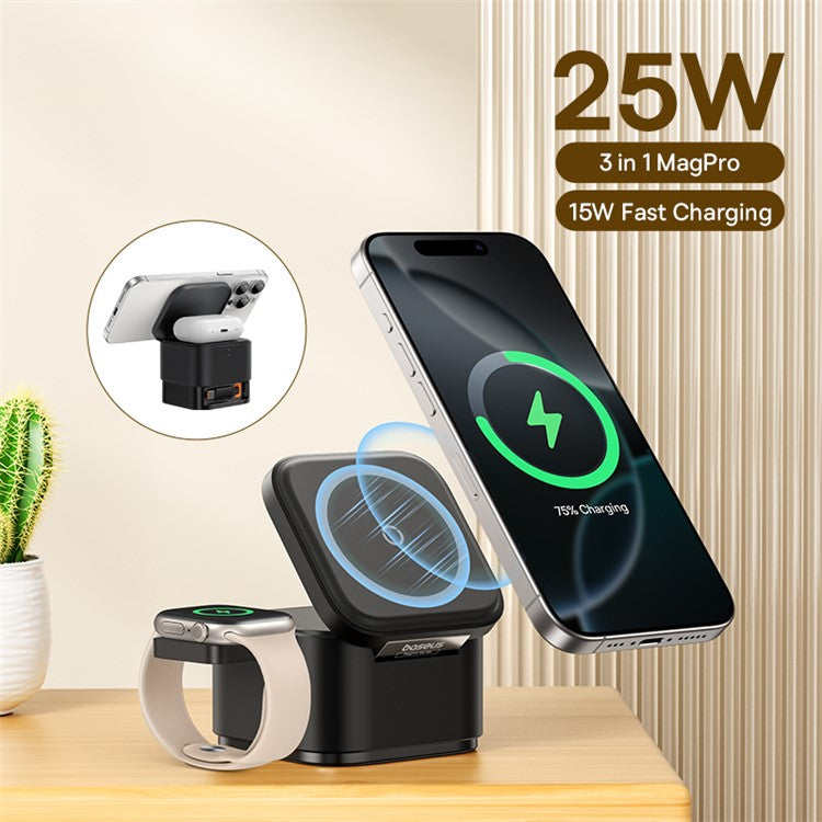 BASEUS For Phone Earbuds 2 In 1 25W Magnetic Wireless Charger with 2.5W Magpro Watch Charging Adapter - Black