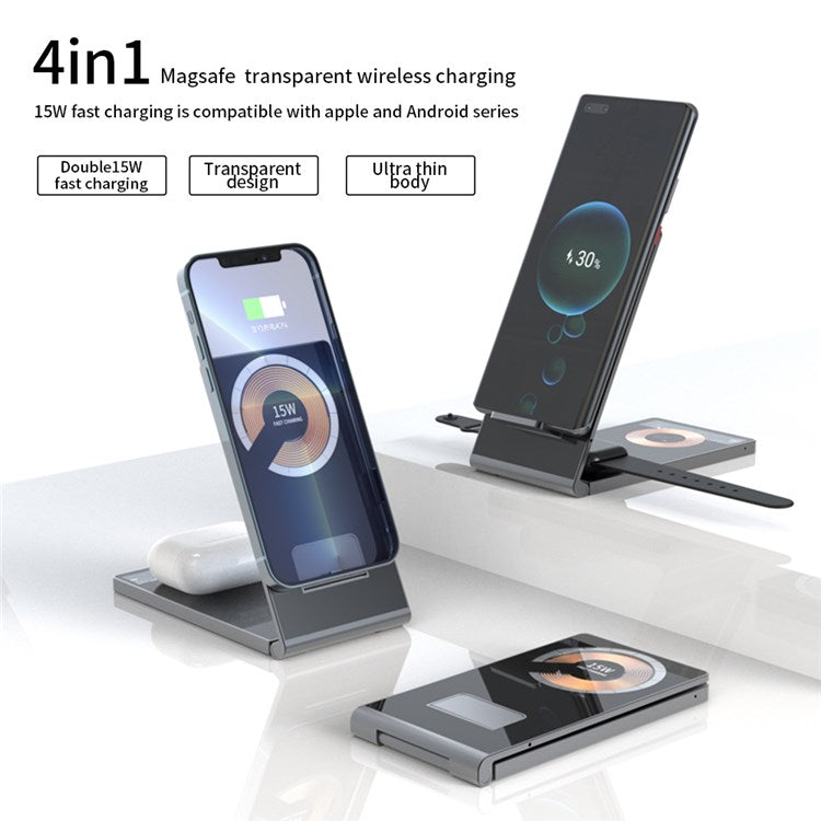 T05 Foldable 15W Magnetic Wireless Charger Transparent Charging Station for iPhone 13 / 12 / Apple Watch / AirPods Pro