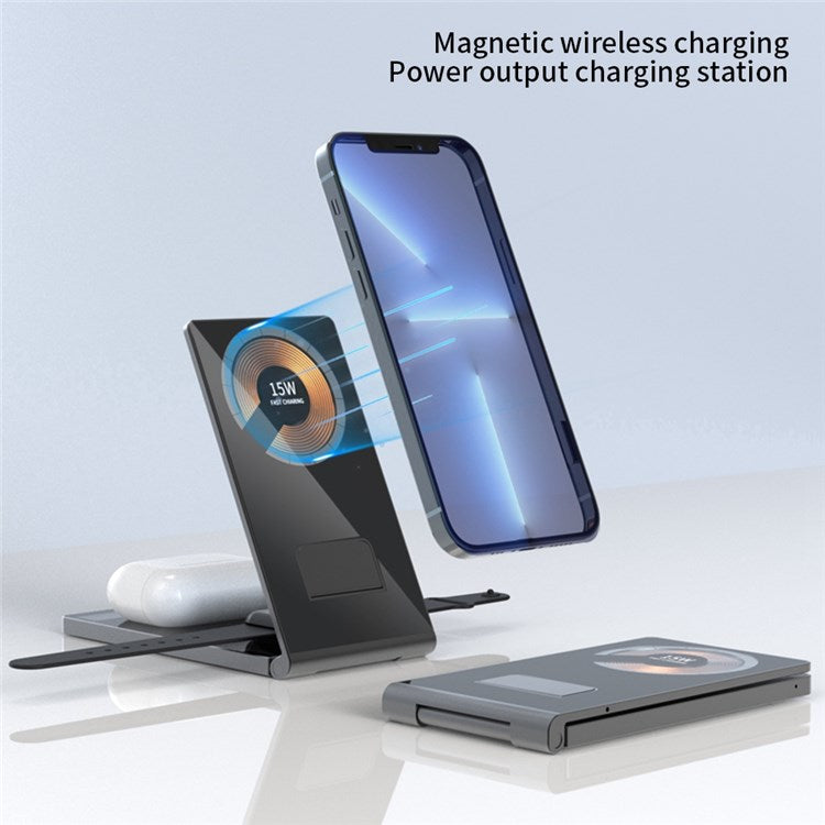 T05 Foldable 15W Magnetic Wireless Charger Transparent Charging Station for iPhone 13 / 12 / Apple Watch / AirPods Pro