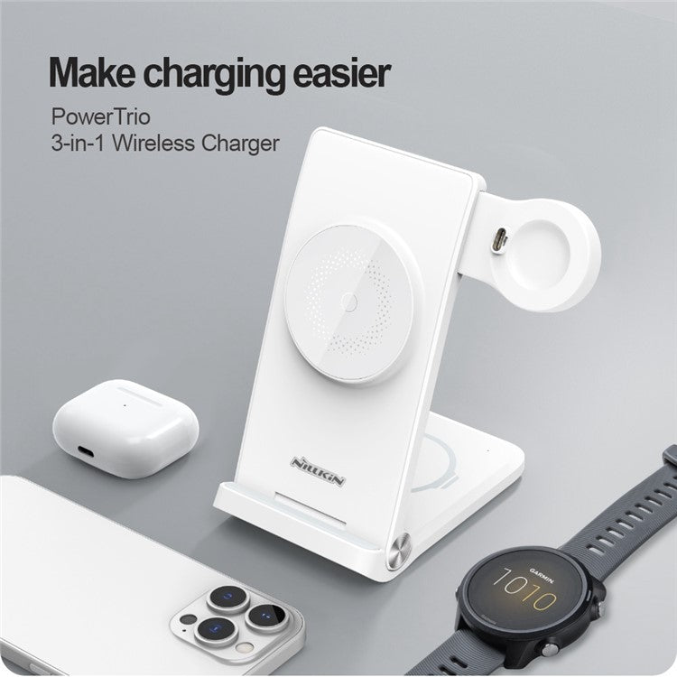 NILLKIN Powertrio 3 in 1 Mobile Phone / Earphone / Smart Watch Compatible with MagSafe Wireless Charger Folding Station, with Garmin Watch Charger (EU Plug)