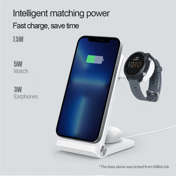 NILLKIN Powertrio 3 in 1 Mobile Phone / Earphone / Smart Watch Compatible with MagSafe Wireless Charger Folding Station, with Garmin Watch Charger (EU Plug)