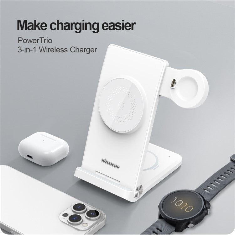 NILLKIN Powertrio 3 in 1 Charging Station Mobile Phone / Earphone / Smart Watch Compatible with MagSafe Wireless Charger, with Samsung Watch Charger (EU Plug)