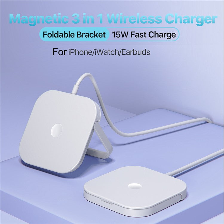 AP08 15W Max Wireless Charger Magnetic Charging Dock with Foldable Bracket for iWatch / Phone / Earbuds