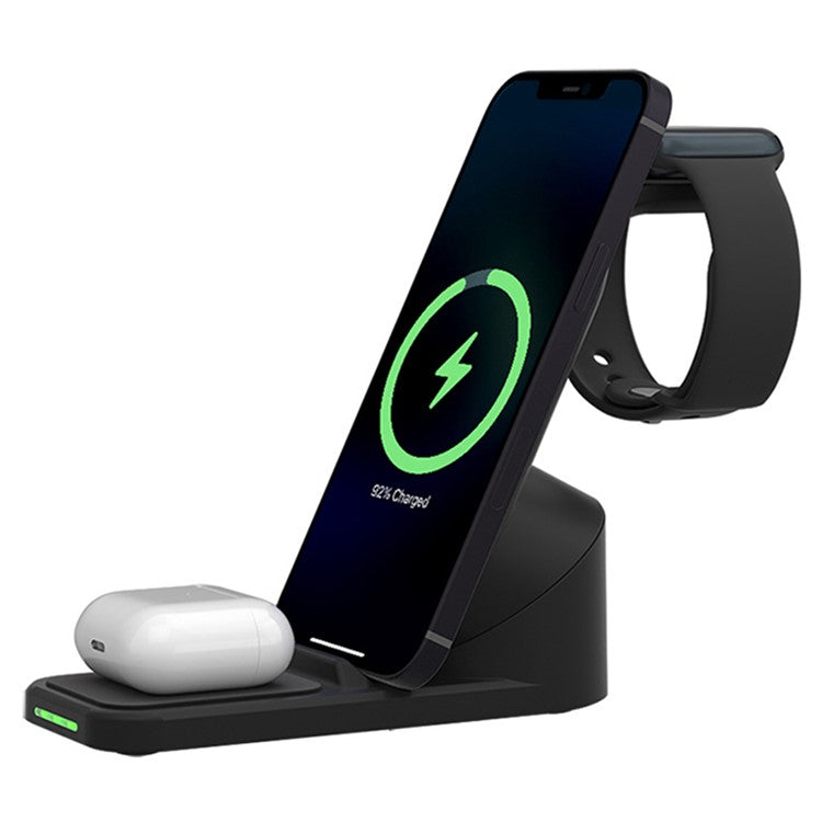 T8 Pro 3 in 1 Desktop Wireless Charger for iPhone / iWatch / AirPods 15W Max Rotatable Charging Dock Stand - Black