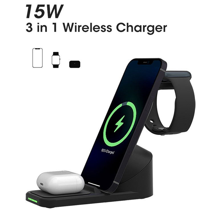 T8 Pro 3 in 1 Desktop Wireless Charger for iPhone / iWatch / AirPods 15W Max Rotatable Charging Dock Stand - Black