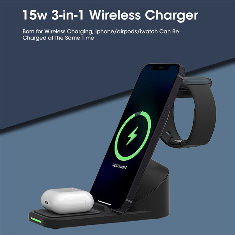 T8 Pro 3 in 1 Desktop Wireless Charger for iPhone / iWatch / AirPods 15W Max Rotatable Charging Dock Stand - Black