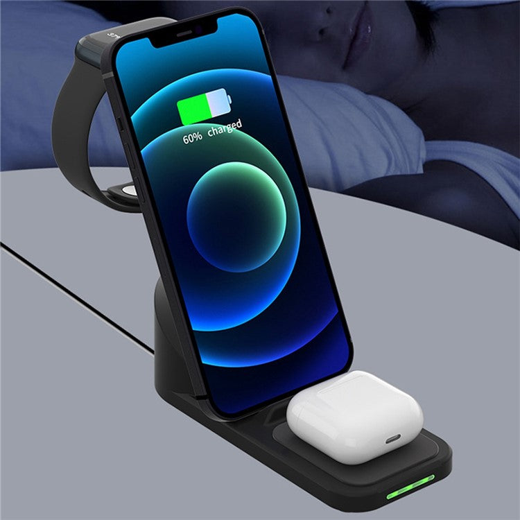 T8 Pro 3 in 1 Desktop Wireless Charger for iPhone / iWatch / AirPods 15W Max Rotatable Charging Dock Stand - Black