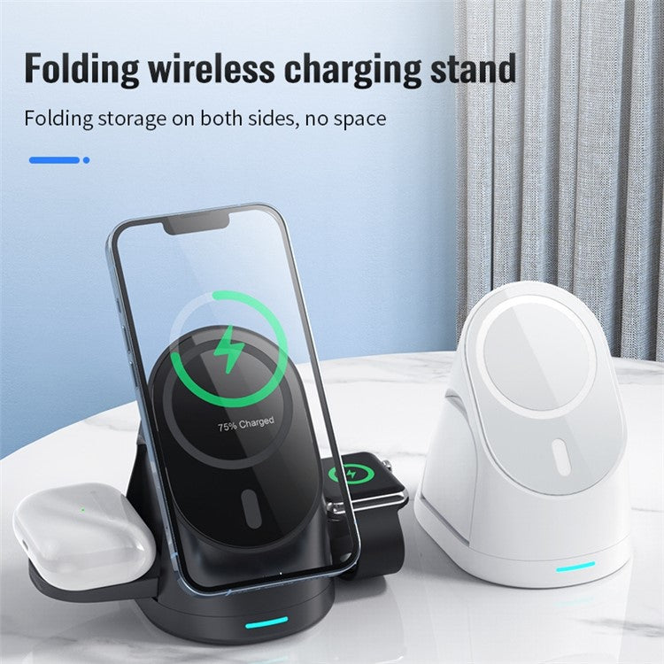 LFX-179 3 in 1 15W Wireless Charger Folding Fast Charging Dock Magnetic Charging Station for iPhone iWatch AirPods - Black