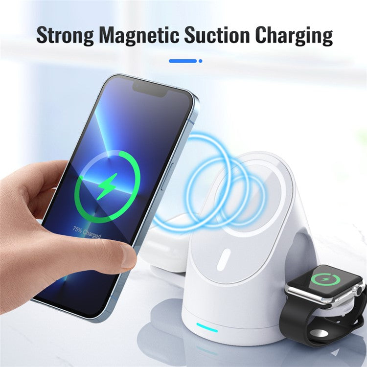 LFX-179 3 in 1 15W Wireless Charger Folding Fast Charging Dock Magnetic Charging Station for iPhone iWatch AirPods - White