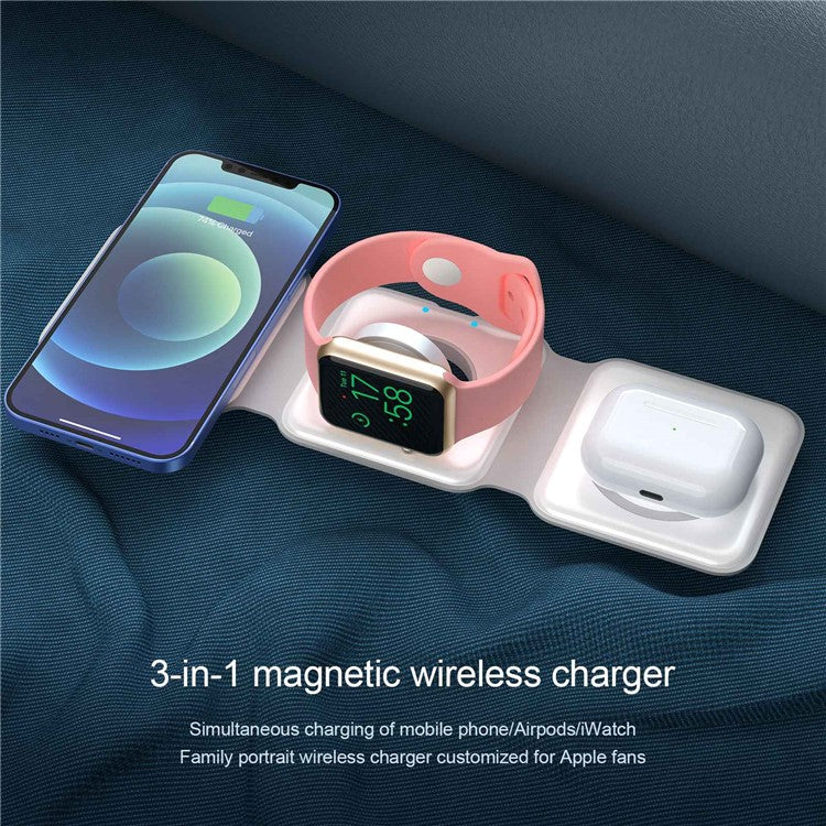 WC-07W 3 in 1 Magnetic Wireless Charger Foldable Charging Dock with Indicator Light - White