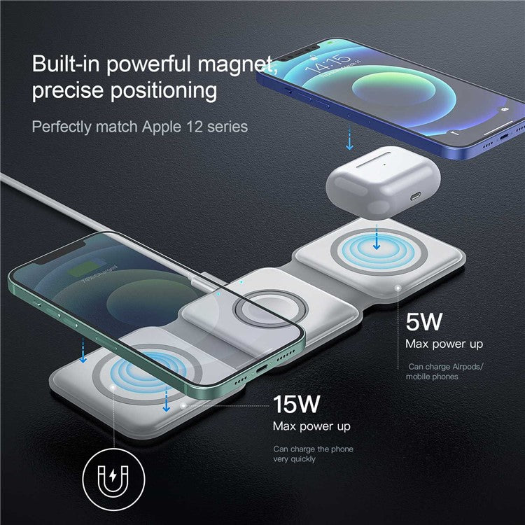 WC-07W 3 in 1 Magnetic Wireless Charger Foldable Charging Dock with Indicator Light - White