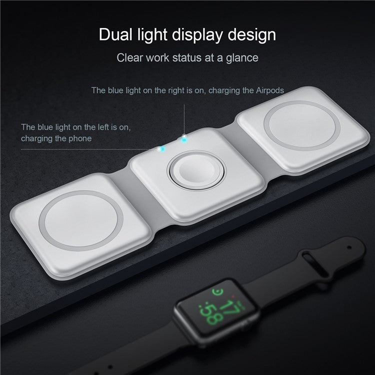 WC-07W 3 in 1 Magnetic Wireless Charger Foldable Charging Dock with Indicator Light - White