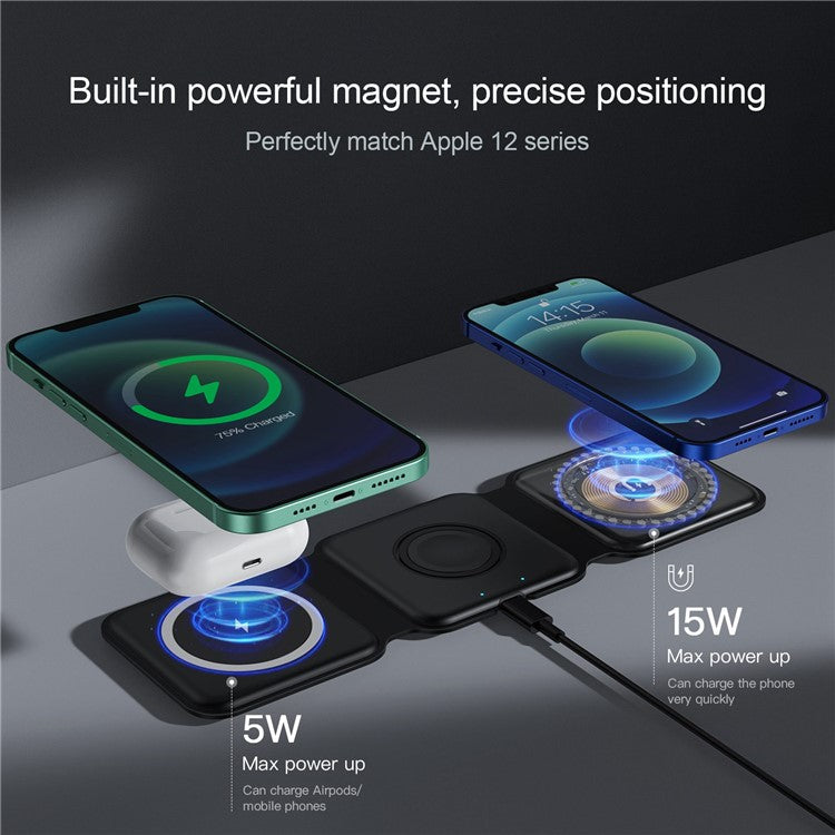 WC-07W 3 in 1 Magnetic Wireless Charger Foldable Charging Dock with Indicator Light - Black