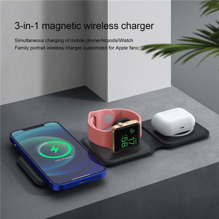 WC-07W 3 in 1 Magnetic Wireless Charger Foldable Charging Dock with Indicator Light - Black