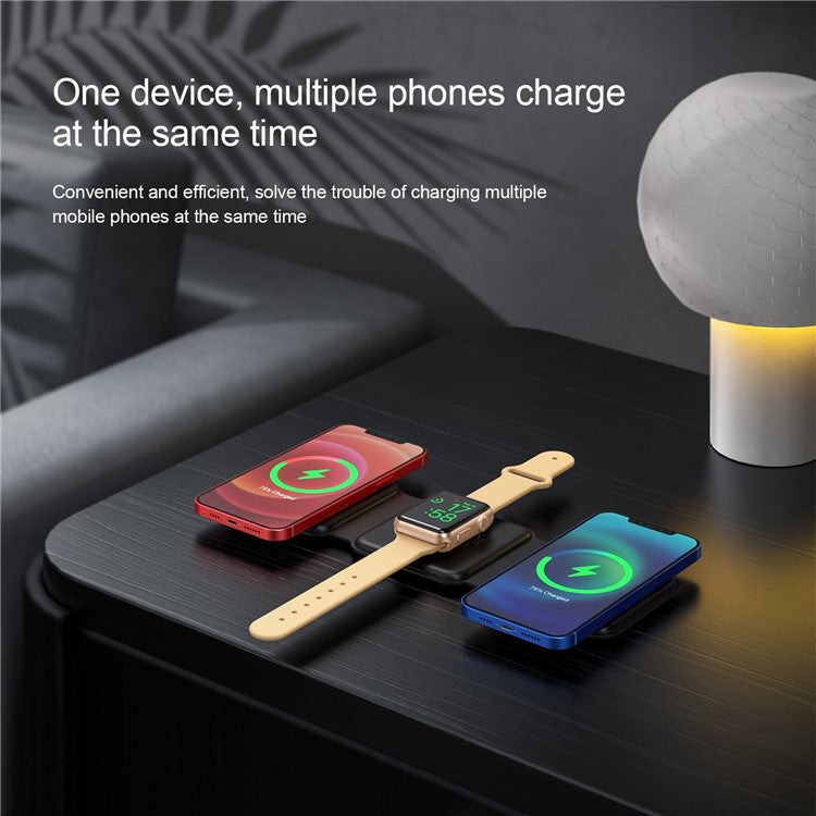 WC-07W 3 in 1 Magnetic Wireless Charger Foldable Charging Dock with Indicator Light - Black