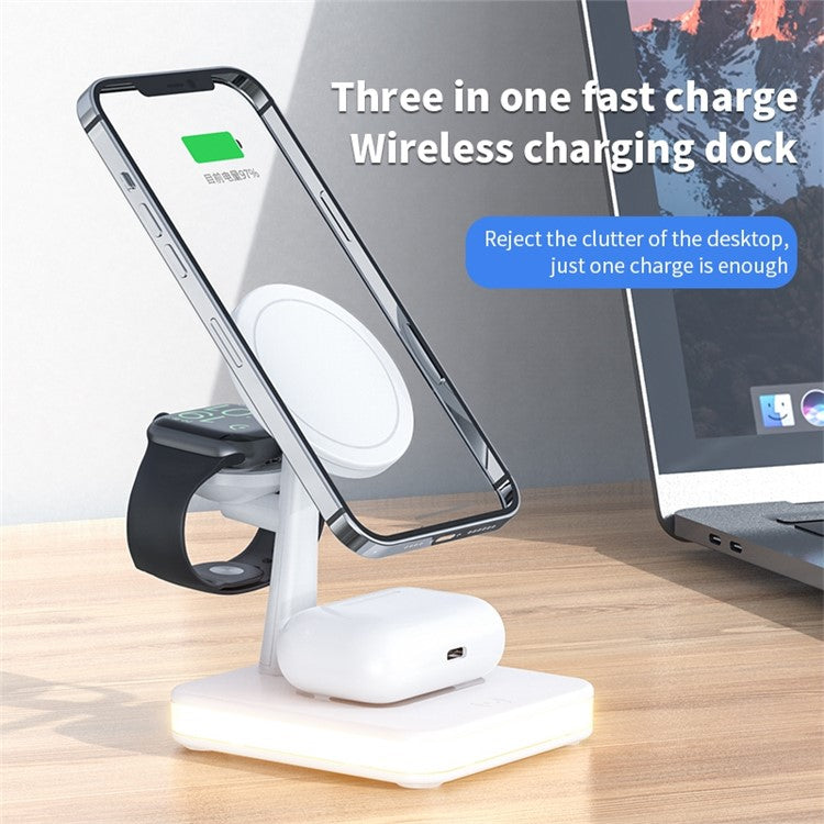 J991 3 in 1 Magnetic Adsorption Desktop Wireless Charger for Mobile Phone / Watch / Headphone 15W Max Charging Dock Stand with USB Output - White