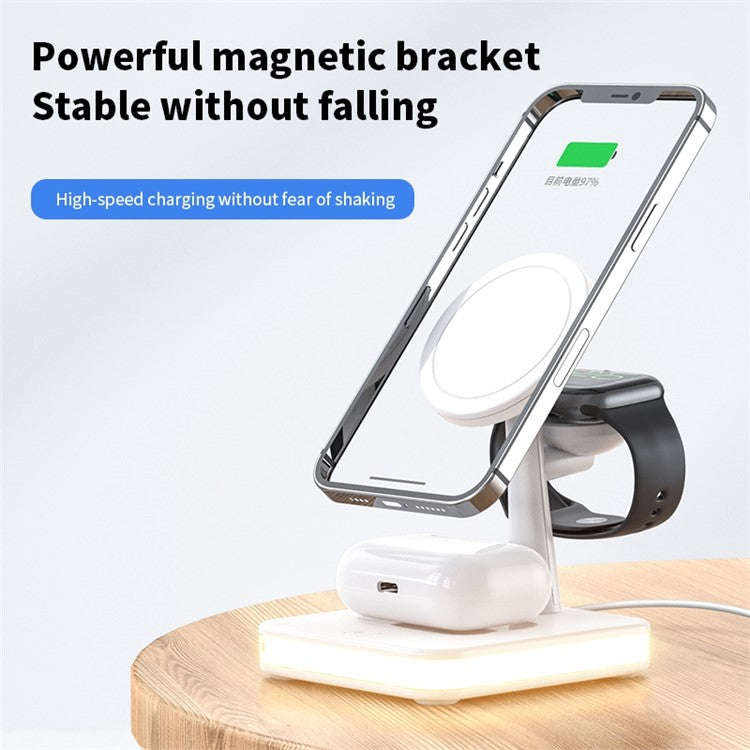 J991 3 in 1 Magnetic Adsorption Desktop Wireless Charger for Mobile Phone / Watch / Headphone 15W Max Charging Dock Stand with USB Output - White