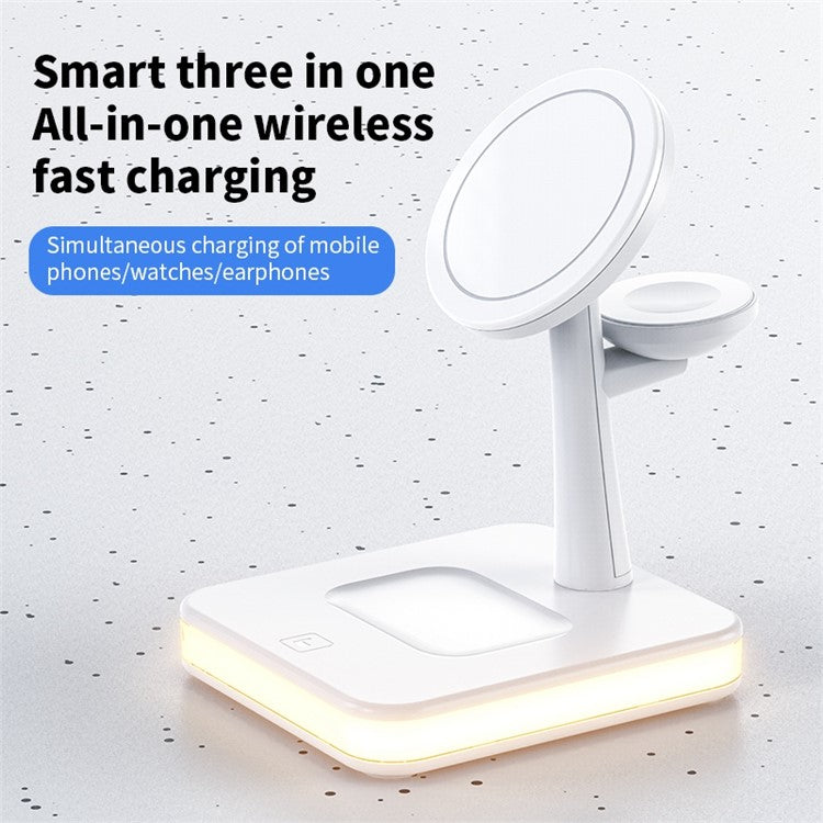 J991 3 in 1 Magnetic Adsorption Desktop Wireless Charger for Mobile Phone / Watch / Headphone 15W Max Charging Dock Stand with USB Output - White