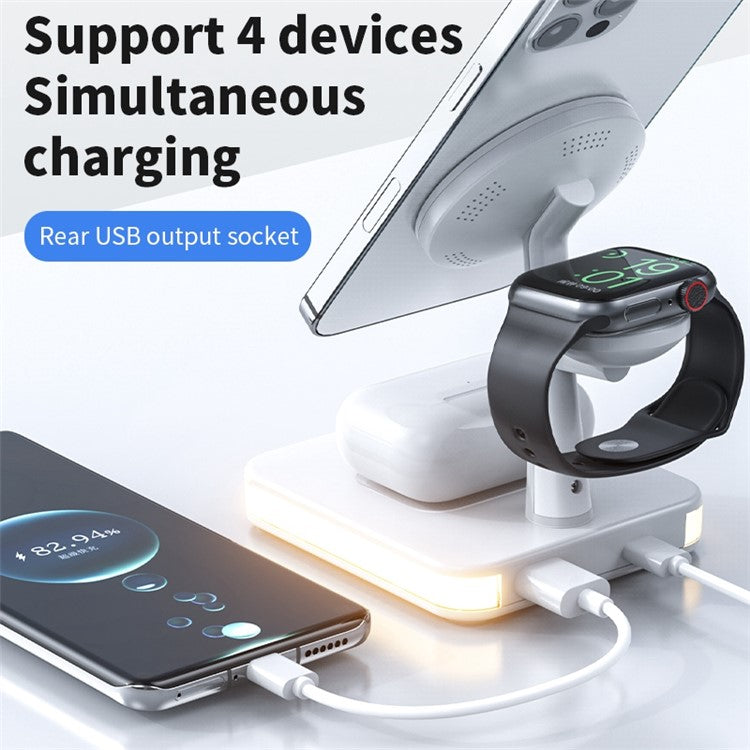 J991 3 in 1 Magnetic Adsorption Desktop Wireless Charger for Mobile Phone / Watch / Headphone 15W Max Charging Dock Stand with USB Output - White