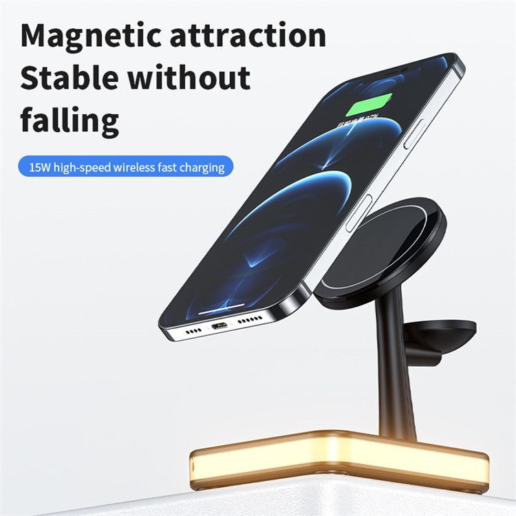 J991 3 in 1 Magnetic Adsorption Desktop Wireless Charger for Mobile Phone / Watch / Headphone 15W Max Charging Dock Stand with USB Output - White