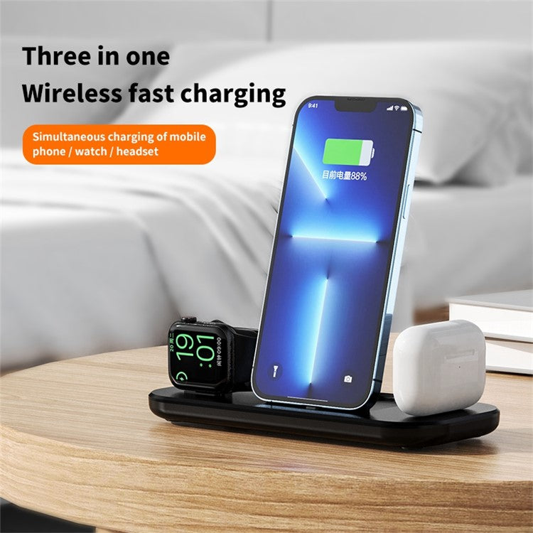 JJT-A32 3 in 1 Wireless Charger Multi-Function Portable Charging Stand Folding Charging Dock for iPhone iWatch AirPods - Black