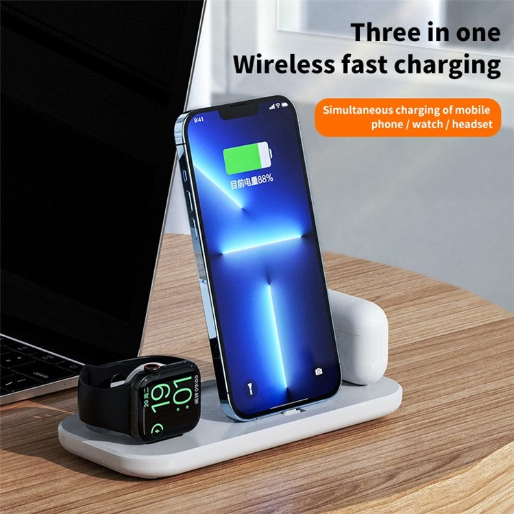 JJT-A32 3 in 1 Wireless Charger Multi-Function Portable Charging Stand Folding Charging Dock for iPhone iWatch AirPods - White