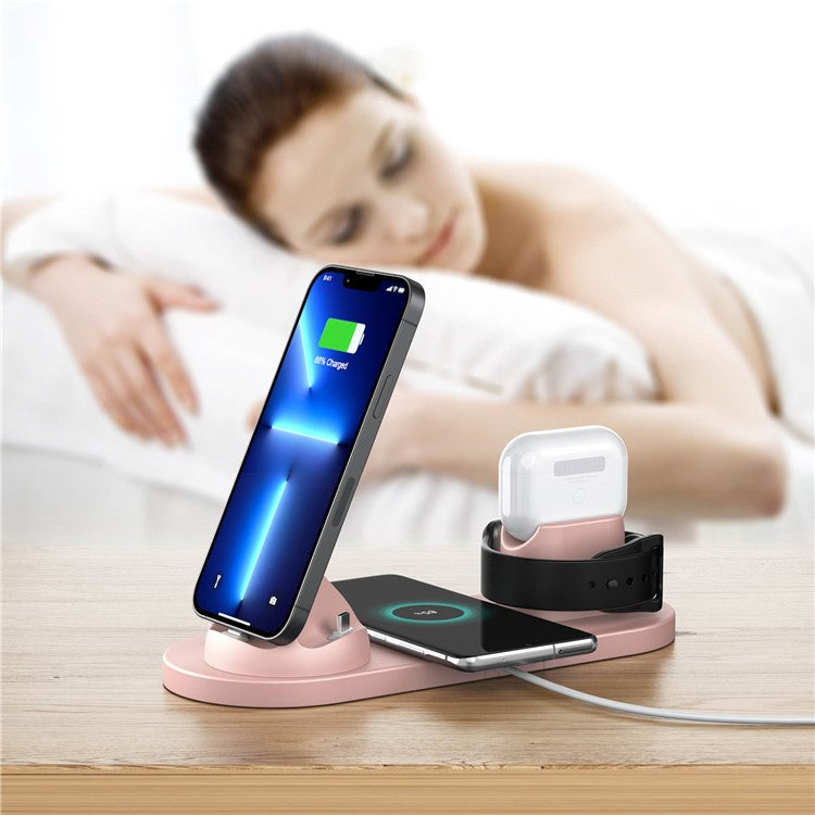 B-07C 6 in 1 15W Wireless Charger Stand Fast Charging Station for iPhone / Airpods Pro / iWatch - Pink