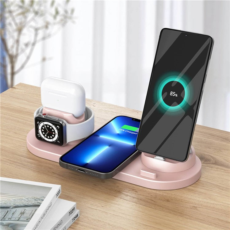 B-07C 6 in 1 15W Wireless Charger Stand Fast Charging Station for iPhone / Airpods Pro / iWatch - Pink