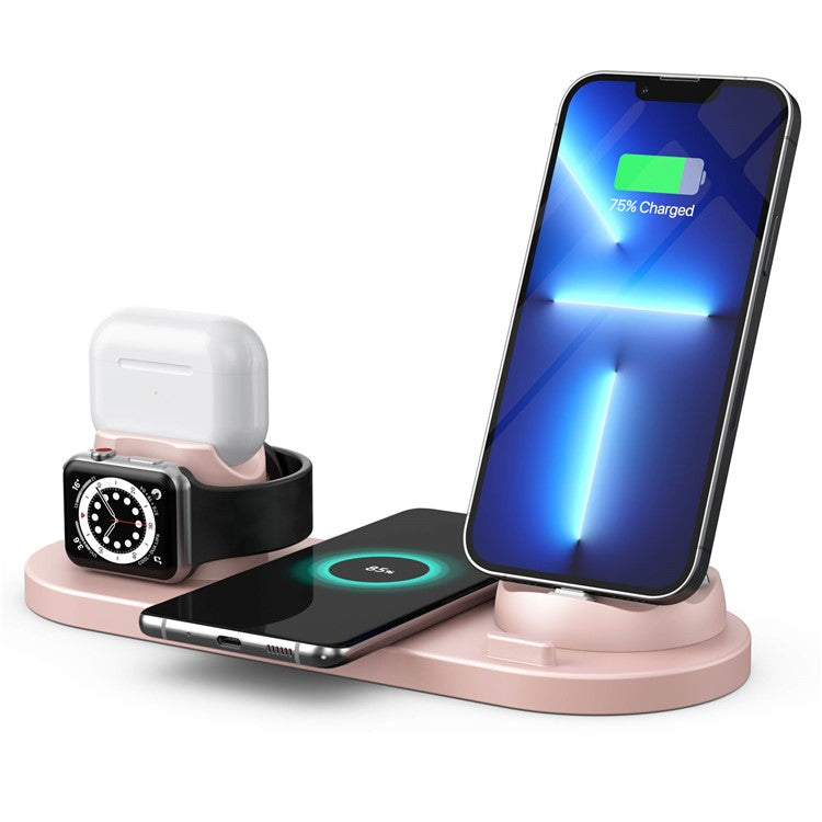 B-07C 6 in 1 15W Wireless Charger Stand Fast Charging Station for iPhone / Airpods Pro / iWatch - Pink