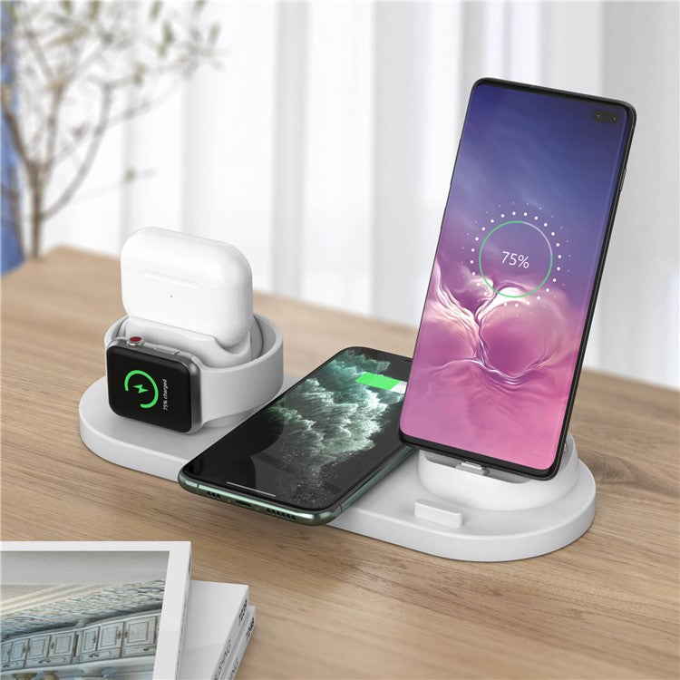 B-07C 6 in 1 15W Wireless Charger Stand Fast Charging Station for iPhone / Airpods Pro / iWatch - White