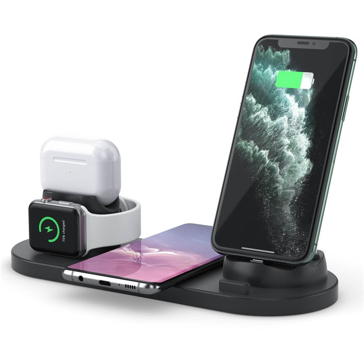 B-07C 6 in 1 15W Wireless Charger Stand Fast Charging Station for iPhone / Airpods Pro / iWatch - Black