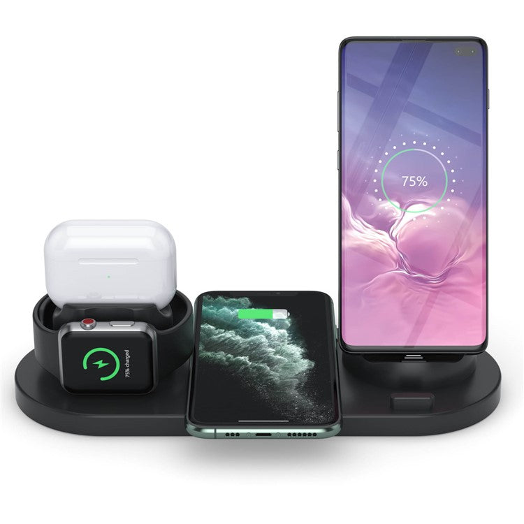 B-07C 6 in 1 15W Wireless Charger Stand Fast Charging Station for iPhone / Airpods Pro / iWatch - Black