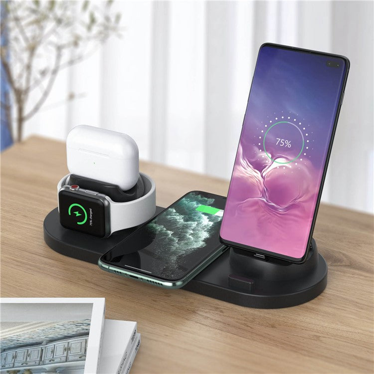 B-07C 6 in 1 15W Wireless Charger Stand Fast Charging Station for iPhone / Airpods Pro / iWatch - Black