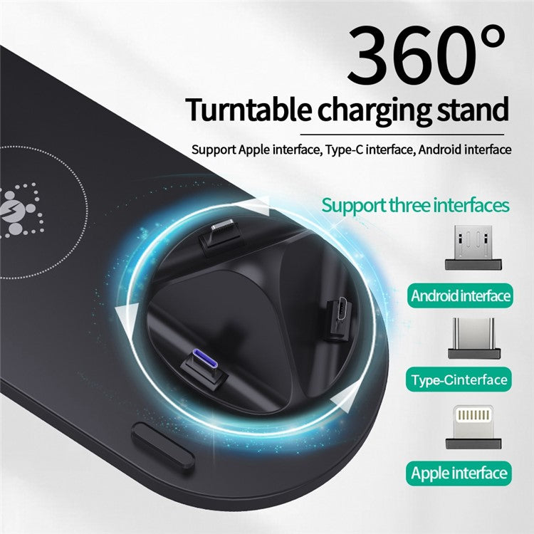 B-07A for iPhone / Airpods Pro / iWatch 15W Wireless Charger Stand Rotatable Fast Charging Station - Black