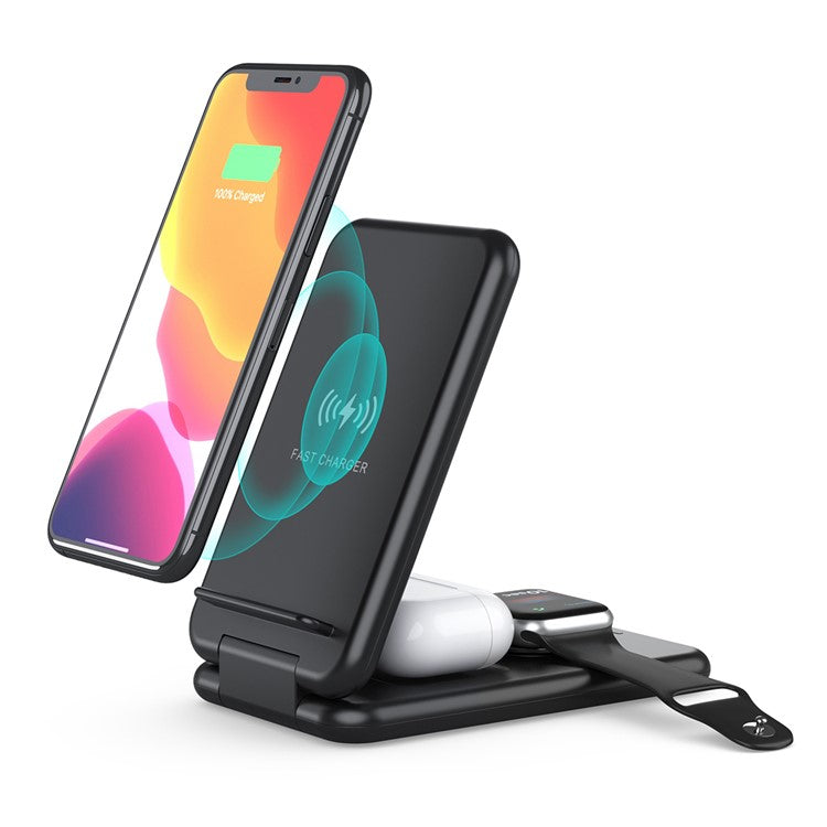 B-13 3-in-1 15W Wireless Charger Cell Phone Stand Holder Foldable Charging Pad for Apple Watch / AirPods - Black