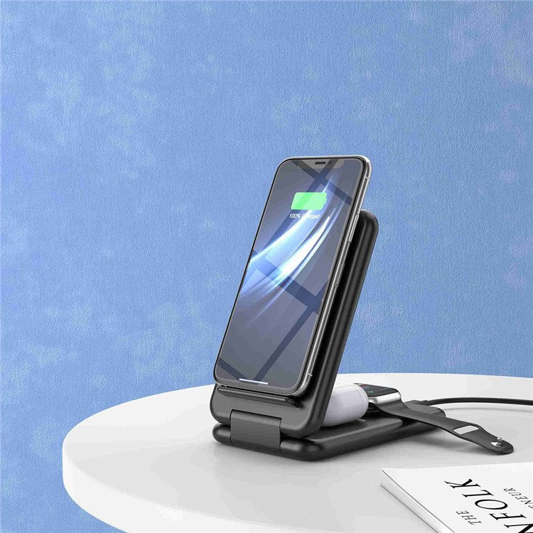 B-13 3-in-1 15W Wireless Charger Cell Phone Stand Holder Foldable Charging Pad for Apple Watch / AirPods - Black