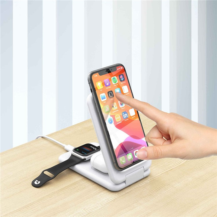 B-13 3-in-1 15W Wireless Charger Cell Phone Stand Holder Foldable Charging Pad for Apple Watch / AirPods - White