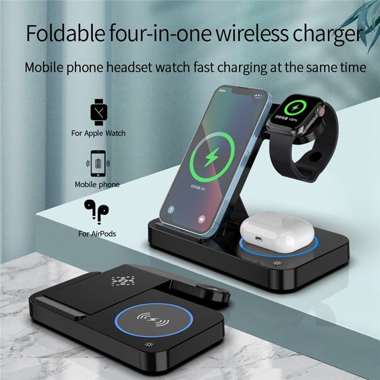 B-18 4 in 1 Folding Charging Dock Magnetic Wireless Charger with USB Output for Smartphone / Smart Watch / Earphones - Black