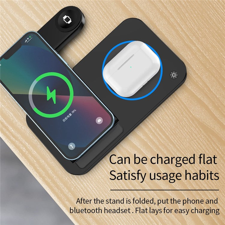 B-18 4 in 1 Folding Charging Dock Magnetic Wireless Charger with USB Output for Smartphone / Smart Watch / Earphones - Black