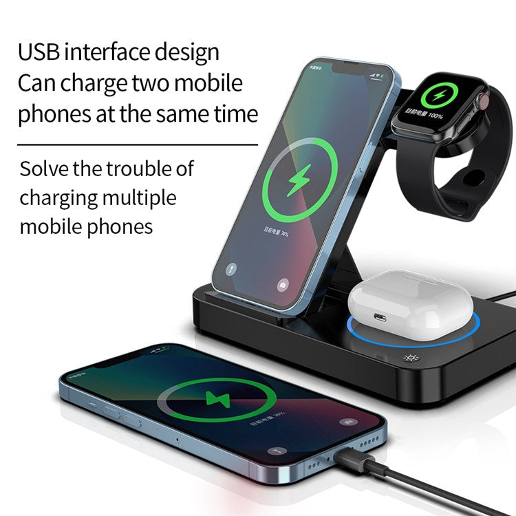 B-18 4 in 1 Folding Charging Dock Magnetic Wireless Charger with USB Output for Smartphone / Smart Watch / Earphones - Black