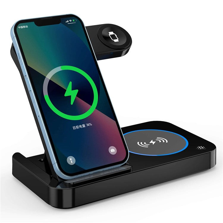 B-18 4 in 1 Folding Charging Dock Magnetic Wireless Charger with USB Output for Smartphone / Smart Watch / Earphones - Black