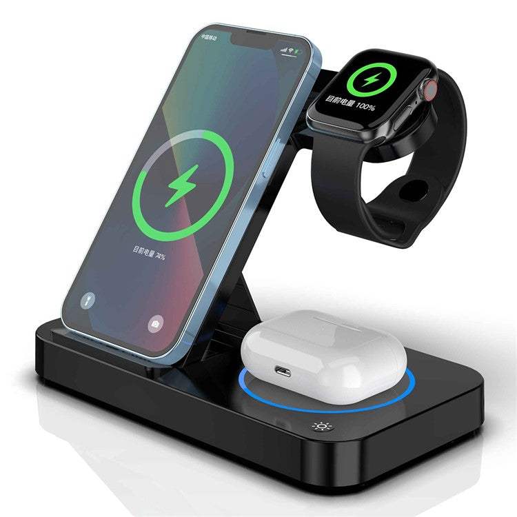 B-18 4 in 1 Folding Charging Dock Magnetic Wireless Charger with USB Output for Smartphone / Smart Watch / Earphones - Black