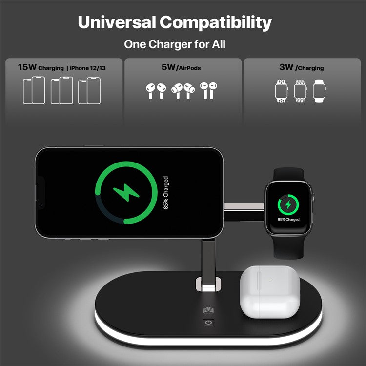 UD23 3 in 1 Magnetic Charging Station 15W Max Wireless Charger with Dimmable Bedside Lamp for Mobile Phone / Smart Watch / Earphones