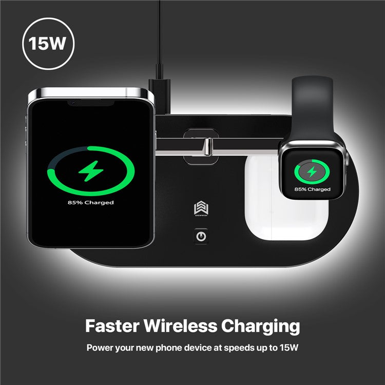 UD23 3 in 1 Magnetic Charging Station 15W Max Wireless Charger with Dimmable Bedside Lamp for Mobile Phone / Smart Watch / Earphones