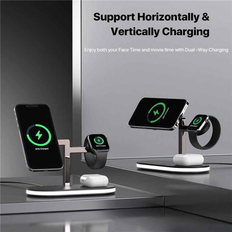 UD23 3 in 1 Magnetic Charging Station 15W Max Wireless Charger with Dimmable Bedside Lamp for Mobile Phone / Smart Watch / Earphones