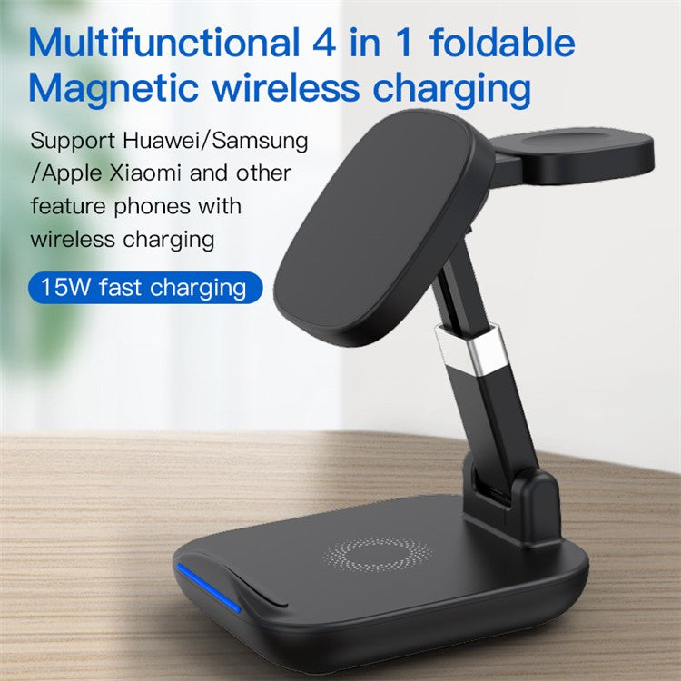 YF-T9 3-in-1 15W Magnetic Wireless Charger Cellphone Smartwatch Earphone Fast Charging Dock Stand - Black